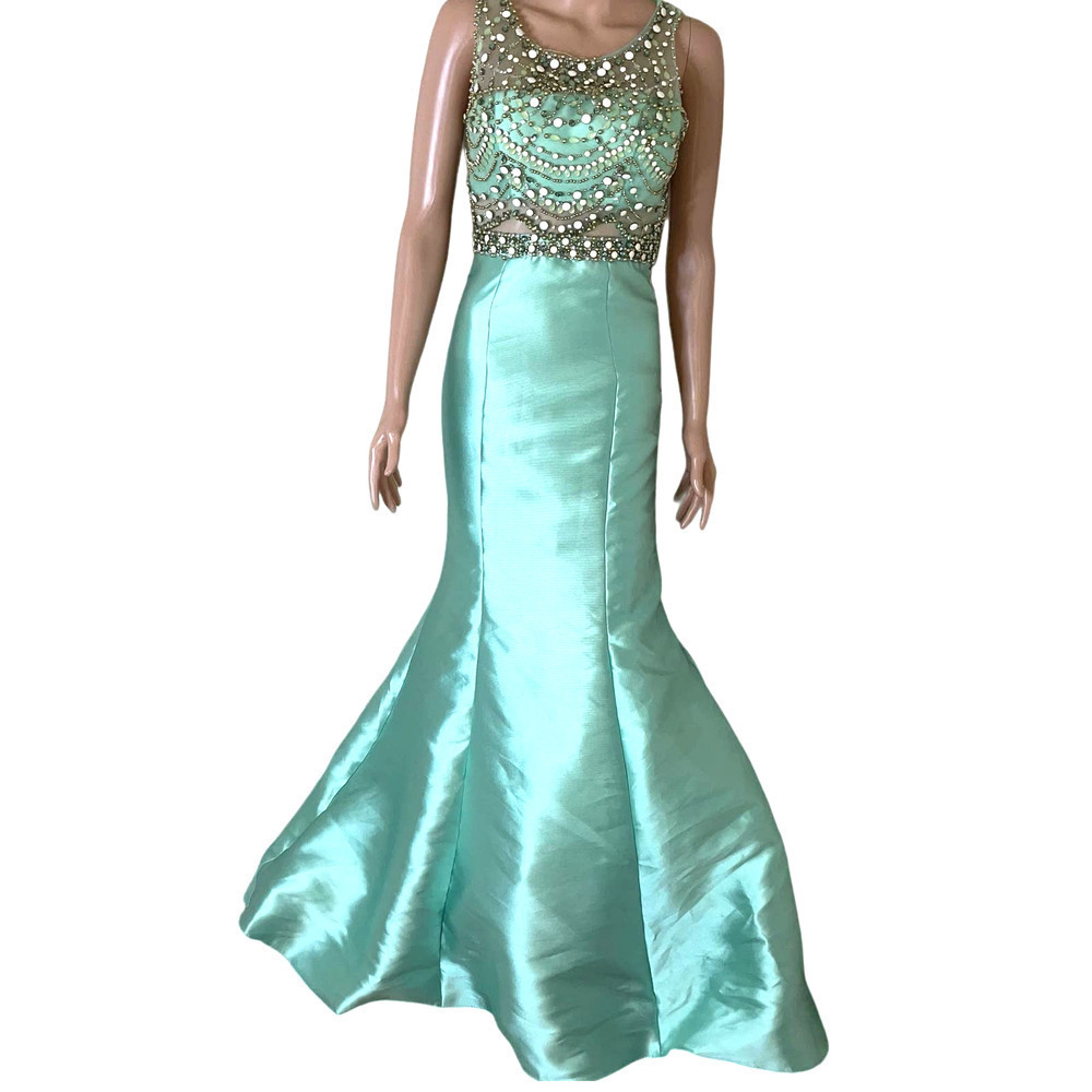 Vintage Rachel Allan dress maxi mermaid style beaded sea foam green SZ 2 formal - Picture 2 of 16